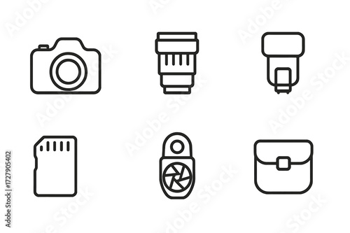 Photography Tools Icons. Outline icon set of photography tools: camera, lens, tripod, flash, memory card, shutter button, light meter, camera bag. Line icons