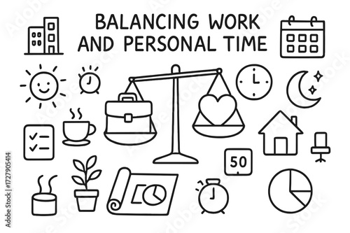 Work-Life Balance Doodles. Hand-drawn doodle illustration [Balancing work and personal time] [scales, briefcase, heart, clock, calendar, sun, moon, cup of