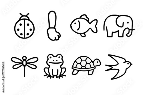 Lucky Animals Icons. Outline icon set of lucky animals: ladybug, rabbit foot, goldfish, elephant, dragonfly, frog, turtle, swallow. Line icons in only black