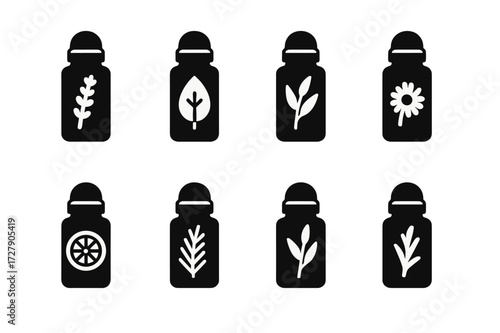 Aromatherapy Icon Collection. Solid, filled icon set of roll-on scents: lavender, peppermint, eucalyptus, tea tree, citrus, rosemary, sandalwood, chamomile.