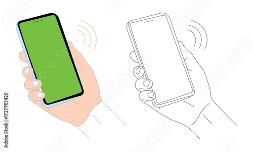 Hand Holding Smartphone with Green Screen and Signal Waves