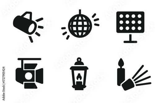 Event Lighting Icons. Solid, filled icon set of red carpet event lighting: spotlight, floodlight, disco ball, LED panel, stage light, lantern, candle, laser