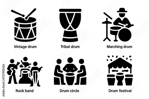 Drum Icon Collection. Solid, filled icon set of drum history and culture: vintage drum, tribal drum, marching drum, jazz drummer, rock band, drum circle,