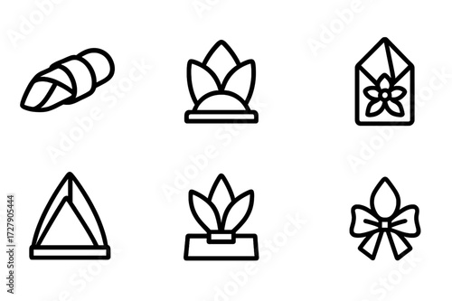 Napkin Accessories Icons. Solid, filled icon set of napkin accessories: napkin ring, napkin holder, decorative clip, napkin pouch, napkin stand, centerpiece