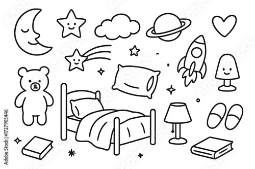 Dreamy Night Doodle. Hand-drawn doodle illustration Dreamy night sky moon, star, cloud, shooting star, planet, rocket, heart, pillow, bed, teddy bear, blanket,
