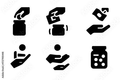 Tip Jar Icon Set. Solid, filled icon set of tip jar actions: inserting coin, dropping bill, shaking jar, counting tips, tipping gesture, tipping hand, empty