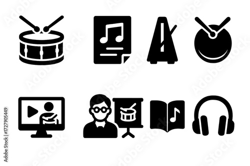 Marching Drum Icons. Solid, filled icon set of marching drum education: drum lesson, sheet music, metronome, practice pad, video tutorial, instructor, music