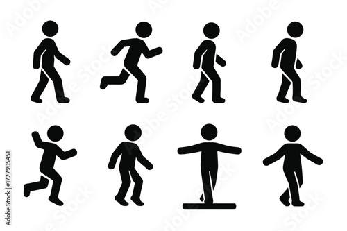 Barefoot Walking Icons. Solid, filled icon set of barefoot walking styles: slow walk, fast run, tiptoe, heel strike, toe grip, jump, balance beam, sidestep.