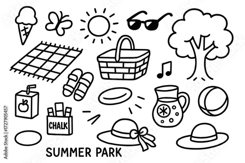 Summer Park Doodles. Hand-drawn doodle illustration Summer park day [ice cream, picnic basket, sunglasses, blanket, sun, sandals, butterfly, frisbee, juice