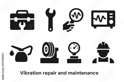 Vibration Repair Icons. Solid, filled icon set of vibration repair and maintenance: tool kit, wrench, inspection, vibration analyzer, lubrication, balancing