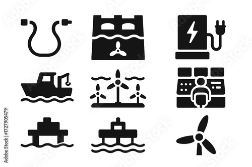 Tidal Energy Icons. Solid, filled icon set of tidal energy infrastructure: underwater cable, tidal dam, power converter, maintenance boat, tidal farm, control