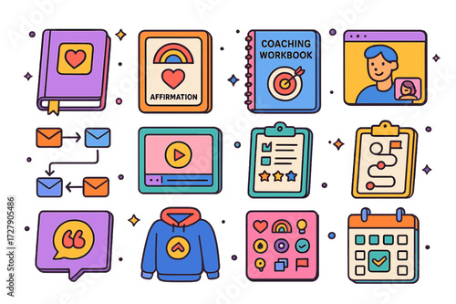 Colorful Isometric Coaching Icons. Colorful isometric vector icons set of Personal Coach Identity: branded journal, affirmation card, coaching workbook, Zoom