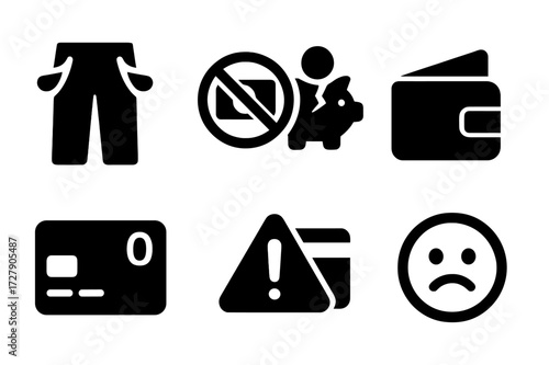 Pocket Financial Icons. Solid, filled icon set of pocket financial problems: empty jeans pockets, no cash sign, broken piggy bank, empty wallet, zero balance