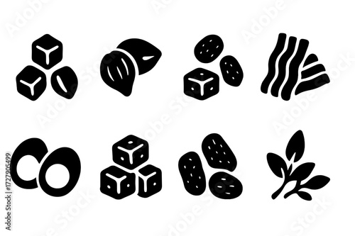 Salad Toppings Icons. Solid, filled icon set of salad toppings: croutons, nuts, seeds, bacon bits, boiled eggs, cheese cubes, dried fruits, herbs. Line icons