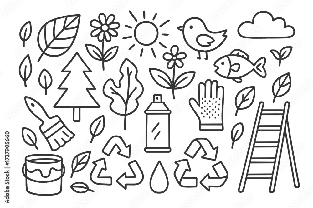 Fototapeta premium Doodle Environmental Mural. Hand-drawn doodle illustration Environmental mural wall surface, leaves, flowers, birds, fish, trees, brushes, spray can, paint