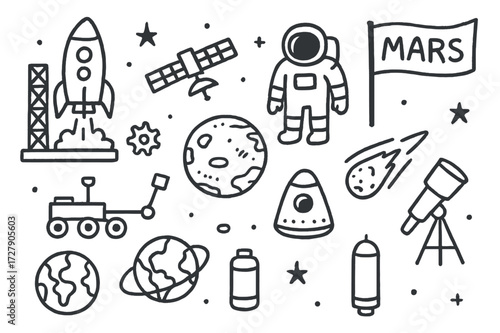 Mars Mission Doodle. Hand-drawn doodle illustration Mars missions rocket, launch pad, rover, astronaut, flag, gear, satellite, space capsule, telescope, star,