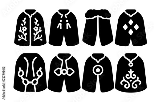 Ornate Cape Decorations. Solid, filled icon set of cape decorations: embroidery, tassels, fur trim, jewels, chains, clasps, brooches, ornate patterns. Solid,