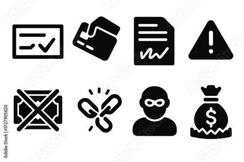 Financial Scam Icons. Solid, filled icon set of financial scams: fake check, stolen credit card, fraudulent contract, warning badge, crossed money, broken