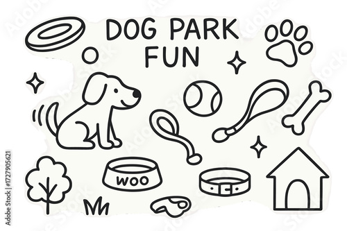 Dog Park Doodles. Hand-drawn doodle illustration Dog Park Fun [dog, frisbee, tennis ball, paw print, water bowl, leash, collar, sparkle, star, bone, tail wag,