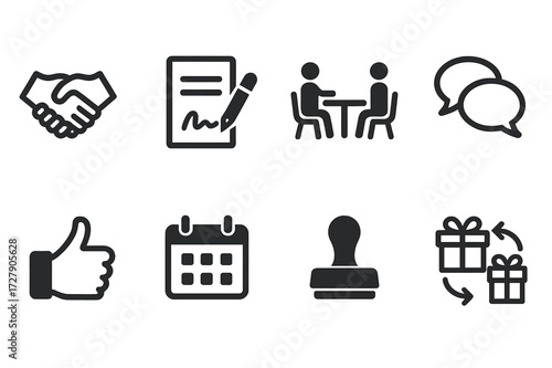 Mutual Agreement Icons. Solid, filled icon set of mutual agreement: handshake, signed contract, meeting table, speech bubbles, thumbs up, calendar, document