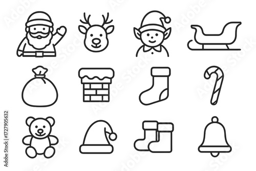 Santa Icon Set. Santa and helpers. Line icon set of Santa and helpers: Santa Claus, reindeer, elf, sleigh, bag of gifts, chimney, stocking, candy, toy, hat,