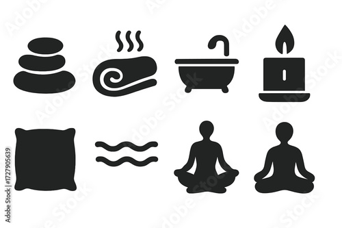 Smooth Relaxation Icons. Solid, filled icon set of smooth relaxation: massage stones, hot towel, scented candle, warm bath, soft pillow, calm waves, yoga pose,