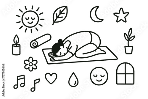 Yoga Pose Doodle. Hand-drawn doodle illustration yoga poses for relaxation person in child?s pose, yoga mat, sun, moon, leaf, candle, flower, heart, star, calm