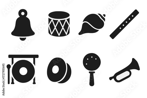 Ceremonial Instruments Icons. Solid, filled icon set of ceremonial instruments: bell, drum, conch shell, flute, gong, cymbals, rattle, trumpet. Solid, filled