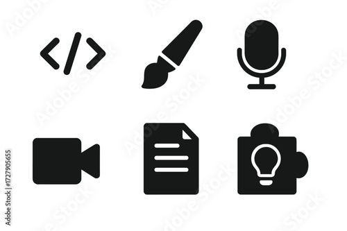 Freelance Skill Icons. Solid, filled icon set of freelance skill sets: code, paintbrush, pencil, microphone, video camera, document, light bulb, puzzle piece.