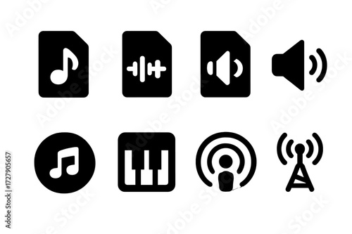 Audio Format Icons. Solid, filled icon set of audio formats: mp3, wav, flac, aac, ogg, midi, podcast, live stream. Solid, filled icons in only black color. All
