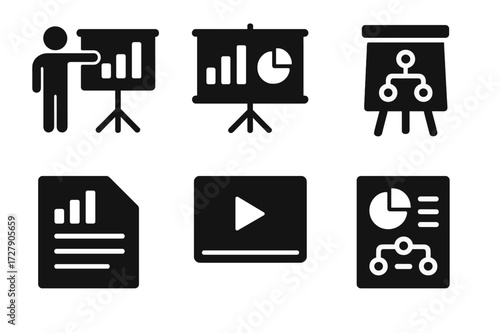 Conference Icon Set. Solid, filled icon set of conference content: presentation, slides, whiteboard, flipchart, report, video, document, infographic. [Solid,