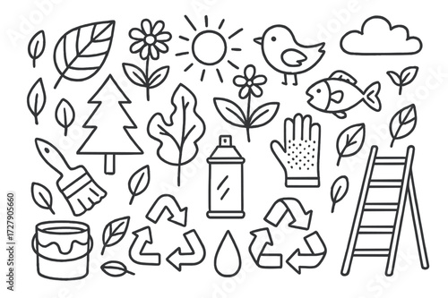 Doodle Environmental Mural. Hand-drawn doodle illustration Environmental mural wall surface, leaves, flowers, birds, fish, trees, brushes, spray can, paint
