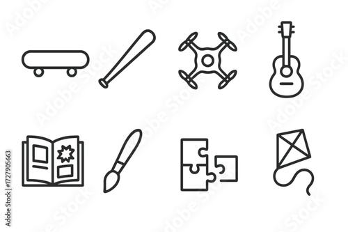 Son's Hobbies Icons. A tall vertical poster in British London style, divided into several bold geometric color blocks. Minimalist abstract design with large
