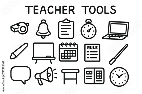 Teacher Tools Icons. Hand-drawn doodle illustration Teacher Tools whistle, bell, clipboard, timer, laptop, chalk, whiteboard, calendar, rule chart, pointer