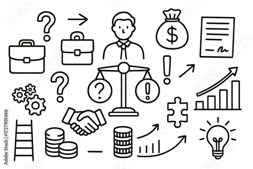 Entrepreneur Decisions Doodles. Hand-drawn doodle illustration Entrepreneur decision making scale, question mark, exclamation mark, briefcase, money bag,