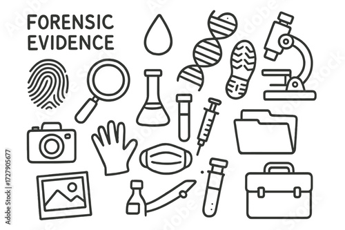 Forensic Science Doodles. Hand-drawn doodle illustration forensic evidence fingerprint, DNA strand, blood drop, shoeprint, magnifying glass, microscope, vial,