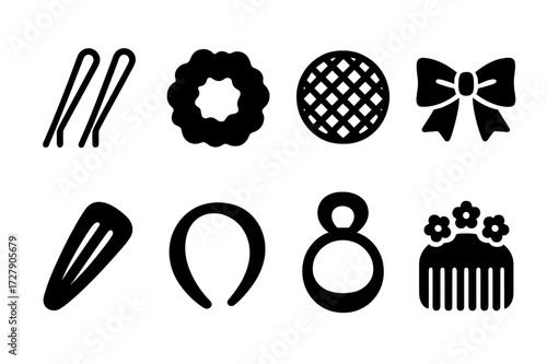 Bun Accessories Icons. Solid, filled icon set of bun accessories: hairpin, scrunchie, hairnet, ribbon, hair clip, headband, bun cuff, decorative comb. Solid,