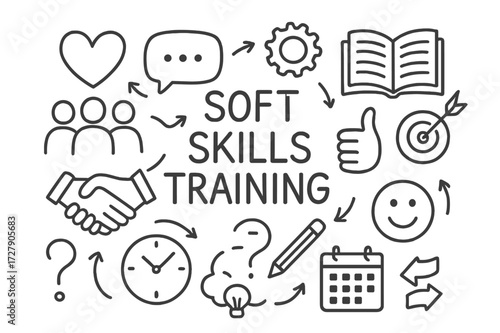 Soft Skills Doodle. Hand-drawn doodle illustration soft skills training group of people, heart, speech bubble, handshake, thumbs up, smiling face, clock, gear,