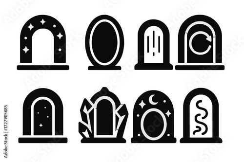 Mystical Portal Icons. Solid, filled icon set of mystical portals: arcane gate, mirror portal, glowing doorway, time rift, shadow arch, crystal frame, sigil