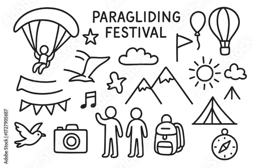Paragliding Festival Doodles. Hand-drawn doodle illustration paragliding festival paraglider, parachute, balloon, flag, star, sun, cloud, tent, mountain, bird,