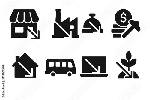 Economic Downturn Icons. Solid, filled icon set of economic downturn sectors affected: retail, manufacturing, hospitality, finance, real estate,