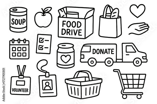 Food Drive Doodle. Hand-drawn doodle illustration Food drive canned food, apple, bread, box, bag, soup can, grocery cart, heart, hand, calendar, checklist,
