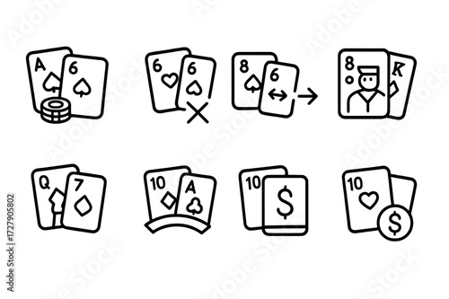 Blackjack Icon Set. Outline icon set of blackjack game outcomes: blackjack win, bust, push, dealer win, player win, insurance payout, jackpot, double payout.