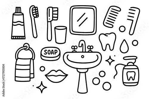 Bathroom Essentials Doodle. Hand-drawn doodle illustration Bathroom counter toothpaste tube, toothbrush, cup, sink, towel, soap, mirror, comb, tooth, water