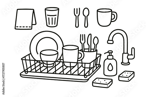 Minimalist Kitchen Doodle. Hand-drawn doodle illustration Minimalist kitchen dish rack [simple rack, plate, bowl, cup, fork, spoon, knife, drip tray, towel,