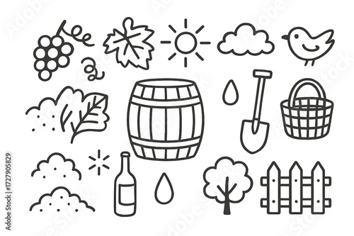 Vineyard Doodle Icons. Hand-drawn doodle illustration Vineyard grapes, vine leaf, tendril, sun, cloud, bird, soil, shovel, barrel, basket, bottle, star,