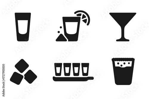 Tequila Icon Set. Solid, filled icon set of tequila serving styles: neat pour, chilled shot, salt and lime, cocktail glass, ice cubes, tequila flight, shot