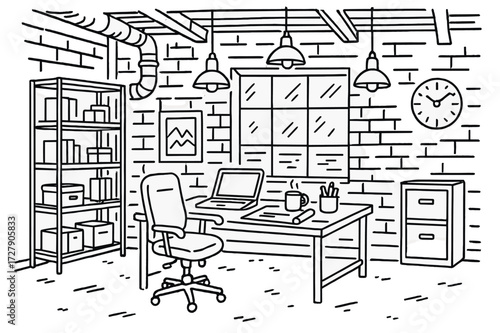 Modern Loft Workspace. Hand-drawn doodle illustration [modern industrial loft workspace] [loft desk, swivel chair, hanging lights, large window, metal shelves,