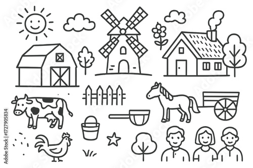 Traditional Village Doodles. Hand-drawn doodle illustration traditional village windmill, barn, cottage, fence, cart, horse, cow, rooster, sun, cloud, tree,