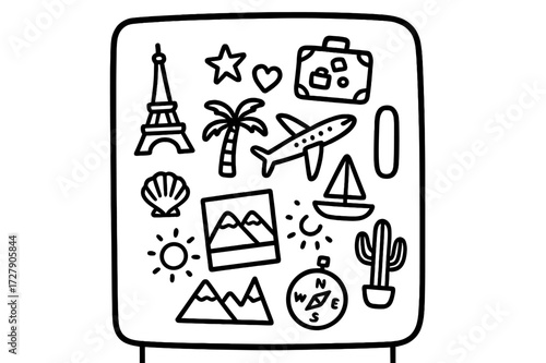 Travel Souvenir Doodles. Hand-drawn doodle illustration Refrigerator door with travel souvenirs [refrigerator, Eiffel tower magnet, palm tree, suitcase,